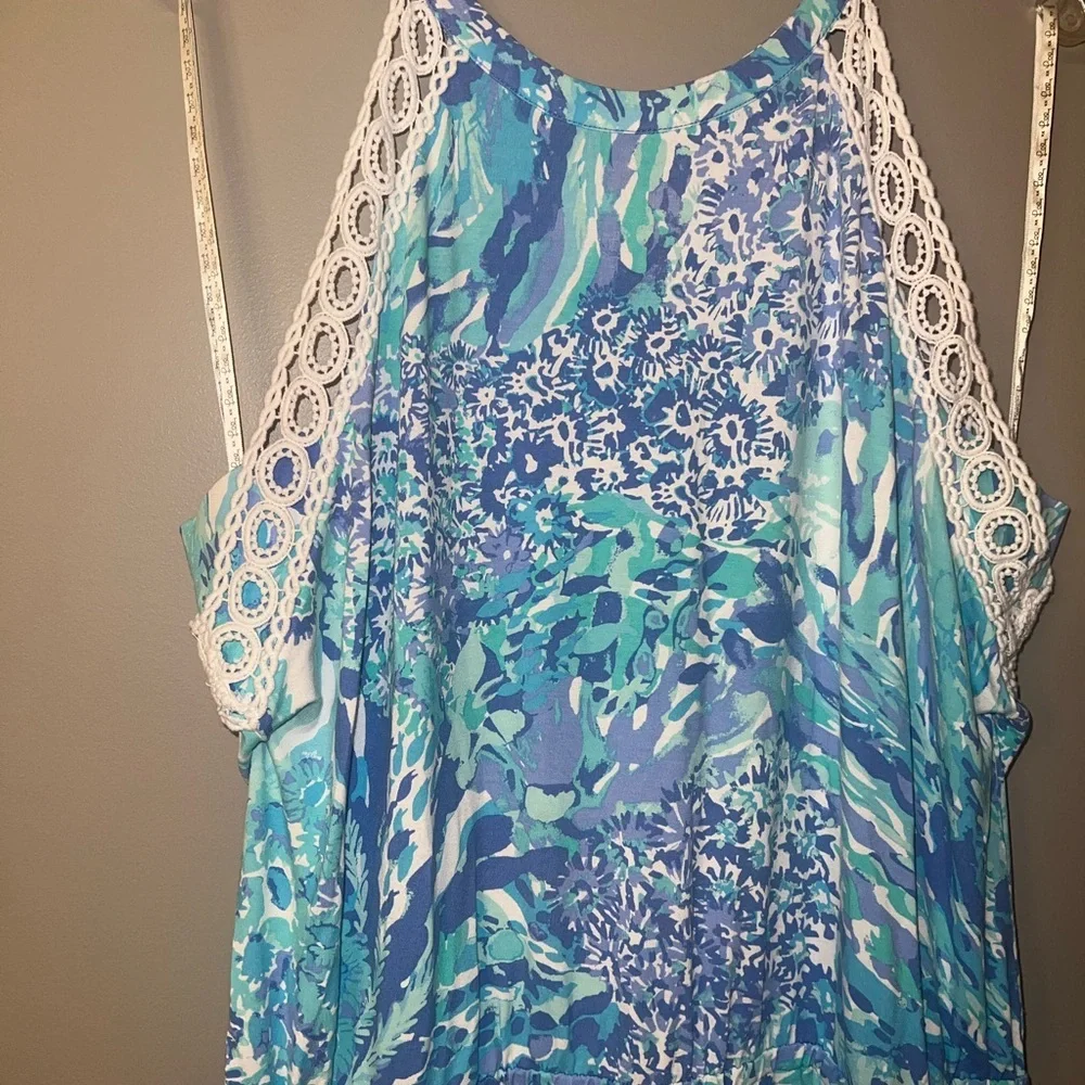 Lilly Pulitzer Blue and White Romper with White Crochet